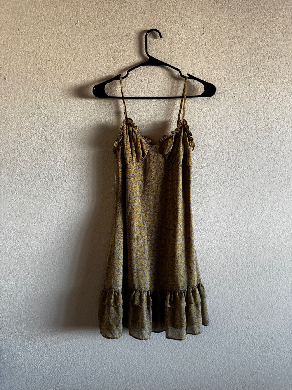 Mustard Floral Ruffle Mini Dress with Adjustable Straps